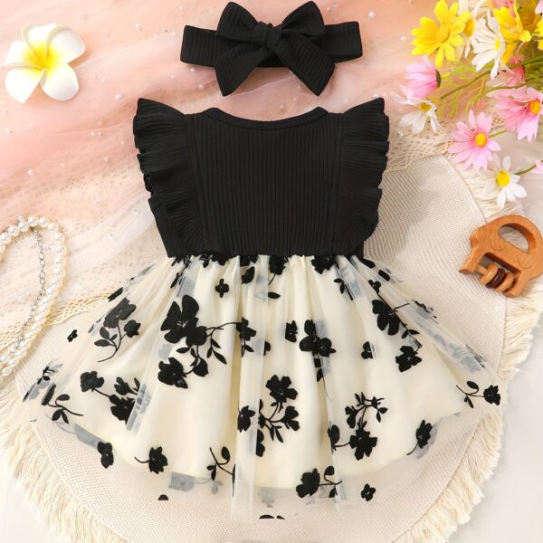 Petite Fleur: A charming girl in a floral mesh dress, twirling happily.