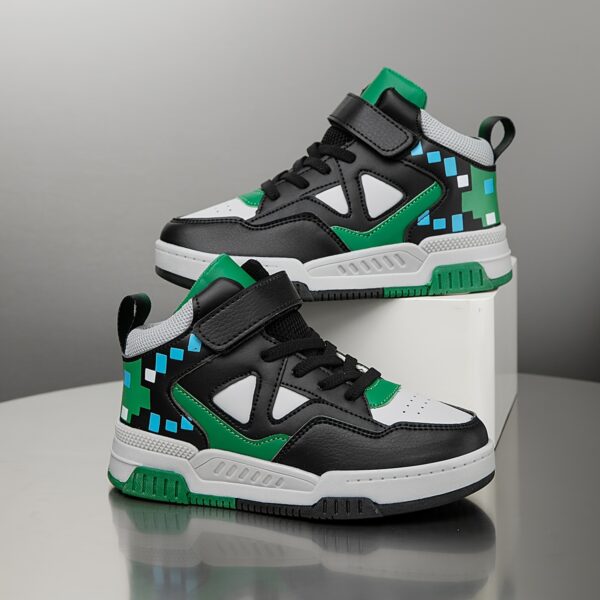Stylish Retro Pixel Geometric Sneakers for kids by Newness. These sneakers feature a vibrant geometric pixel design.