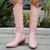 Newness Embroidered Pink Western Boots Step into style with our trendy pink embroidered boots featuring intricate stitching and a classic Western silhouette