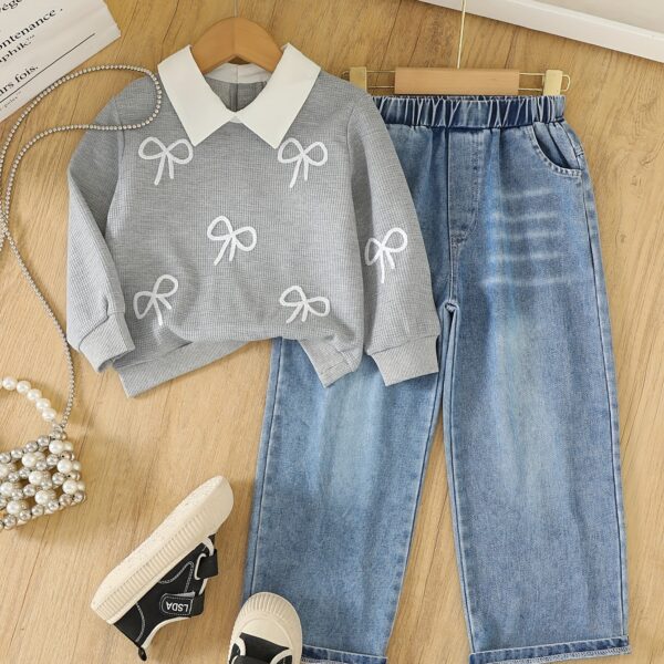 Adorable girls Playful Days Bow Embroidered Set perfect for fall and winter Featuring delicate bow embroidery this outfit is ideal for playful days