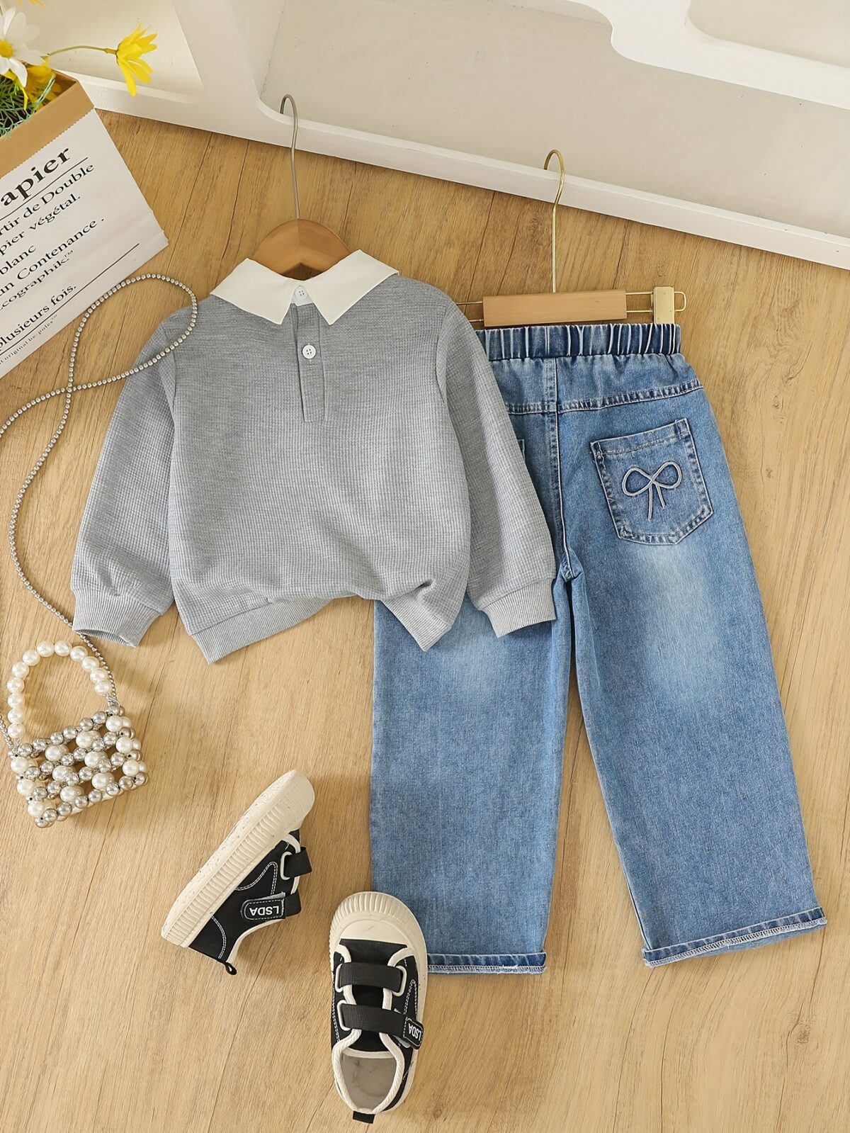 Adorable girls Playful Days Bow Embroidered Set perfect for fall and winter Featuring delicate bow embroidery this outfit is ideal for playful days