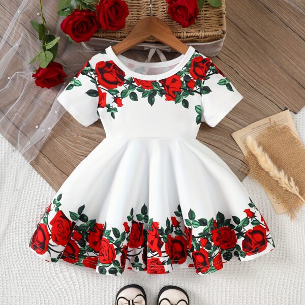 Adorable baby girl wearing a Rosalind floral print dress from Newness. The dress features a charming floral pattern and is perfect for special occasions or everyday wear.