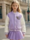 Lilac leopard heart varsity jacket and skirt set Stylish girls outfit featuring a lilac jacket with heart details and a leopard print skirt Perfect for fallwinter