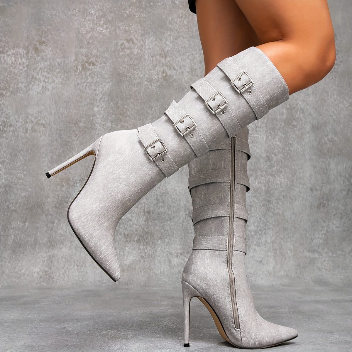 Newness Ascension Stiletto Buckle Boots Elevate your look with these stunning stiletto boots featuring a chic buckle detail