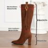 Newnesss commanding chunky heel knee high boots in brown leather showcasing the side profile and heel