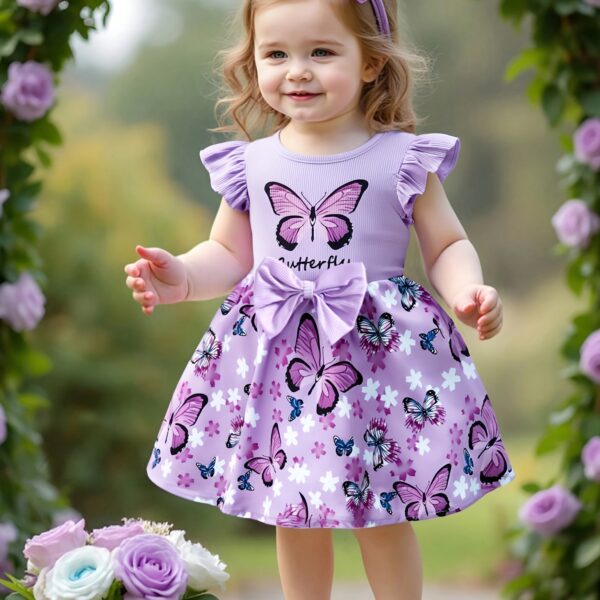 Adorable baby girl in a lavender butterfly dress, perfect for summer. Newness.
