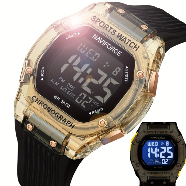 NAVIFORCE Apex Men's Digital Sports Watch, showcasing its sleek design, LED backlight, and water resistance.
