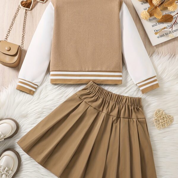 Adorable Pastel Dreams Preppy Skirt Set in soft pastel colors, perfect for spring or fall. The set includes a matching top and skirt, ideal for girls.