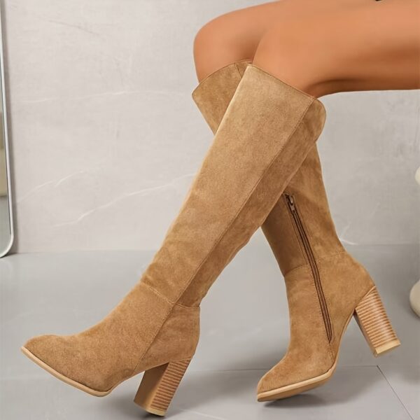 Newness Uptown Girl Knee High Boots Stylish brown leather knee high boots with a pointed toe and block heel perfect for elevating any outfit