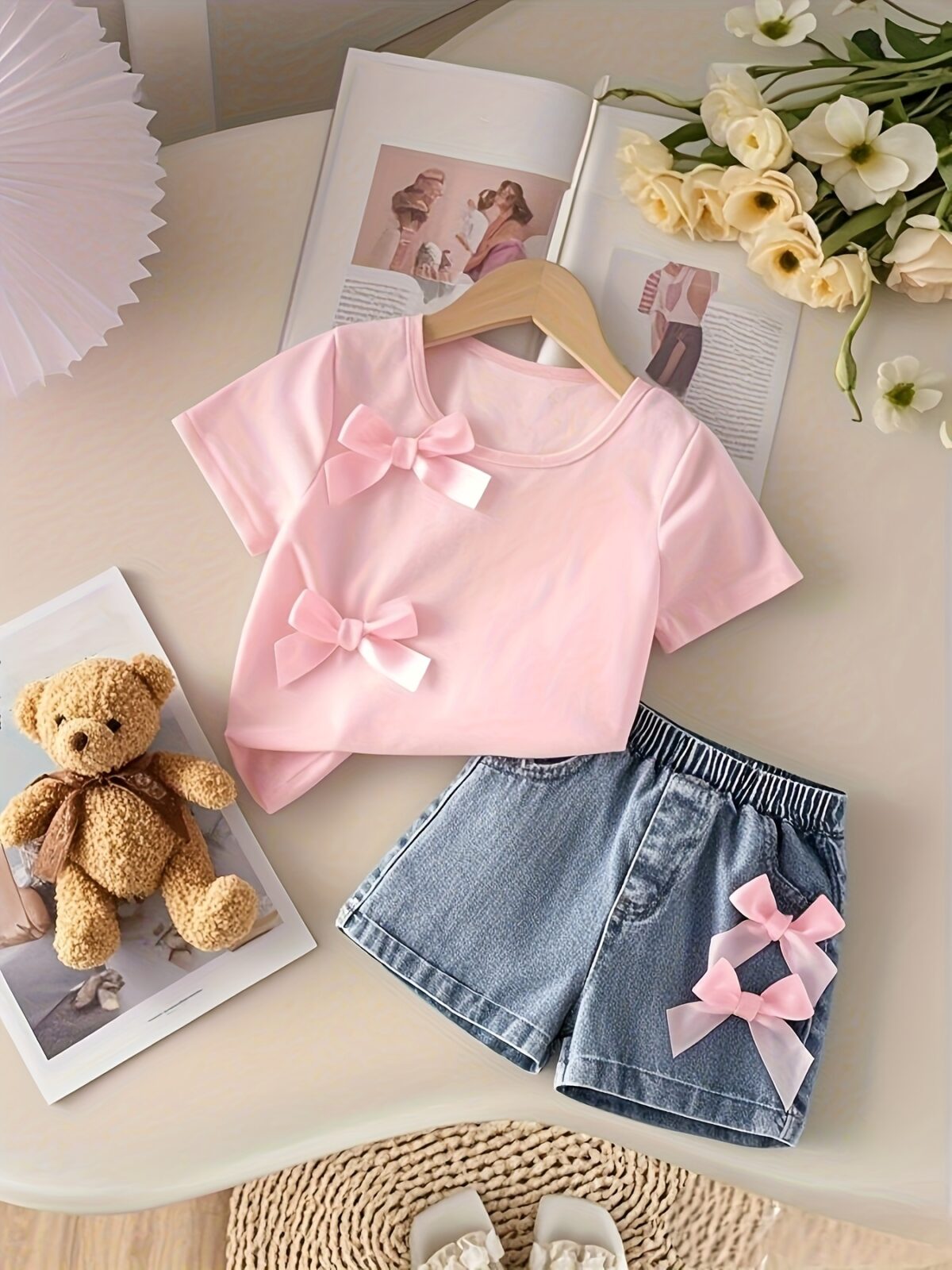 Adorable girls denim set with a cute bowknot perfect for spring summer or fall Shop Newness for stylish kids fashion