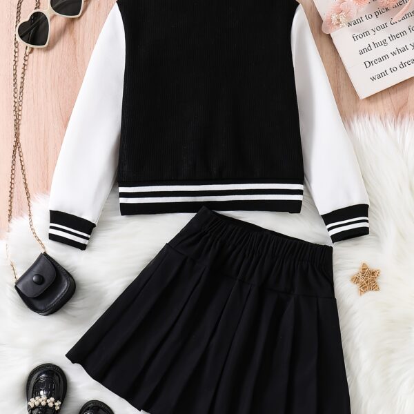 Adorable Pastel Dreams Preppy Skirt Set in soft pastel colors, perfect for spring or fall. The set includes a matching top and skirt, ideal for girls.