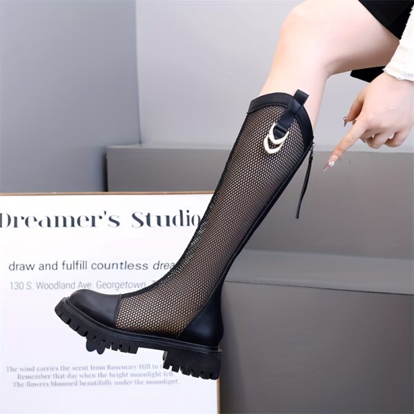 Midnight Bloom Mesh Ankle Boots by Hongjiaxiu. Elegant black mesh ankle boots with a stylish silhouette.