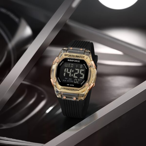 NAVIFORCE Apex Men's Digital Sports Watch, showcasing its sleek design, LED backlight, and water resistance.