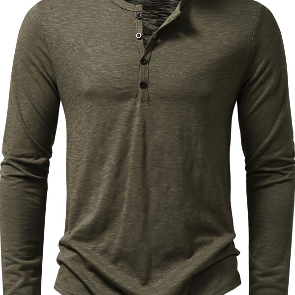 Close-up of a man wearing the Newness Essential Men's Cotton Henley shirt, showcasing its comfortable fit and premium cotton fabric. The model looks effortlessly stylish.