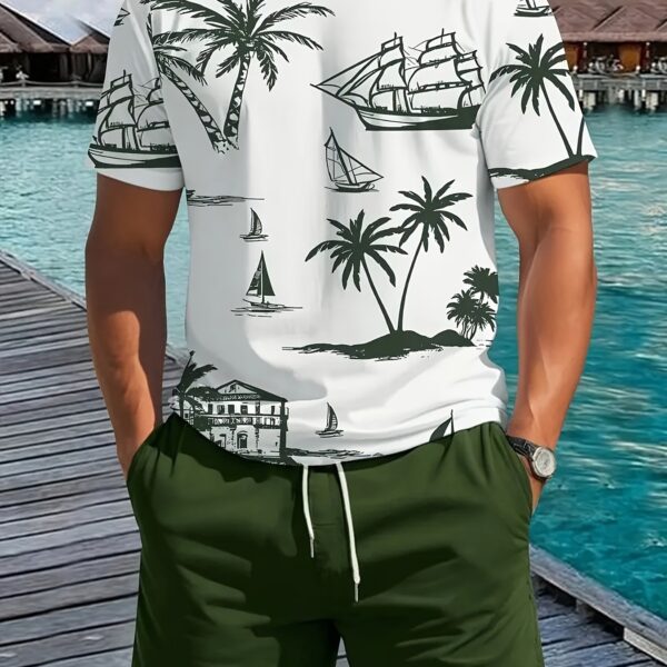 Newness Riviera Escape Palm Tree Print Set: A stylish and comfortable two-piece outfit perfect for summer adventures, featuring a vibrant palm tree print.