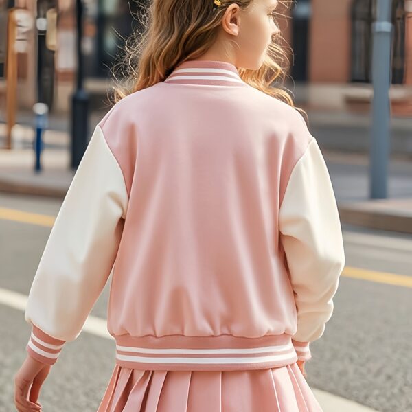Lilac leopard heart varsity jacket and skirt set. Stylish girls' outfit featuring a lilac jacket with heart details and a leopard print skirt. Perfect for fall/winter.