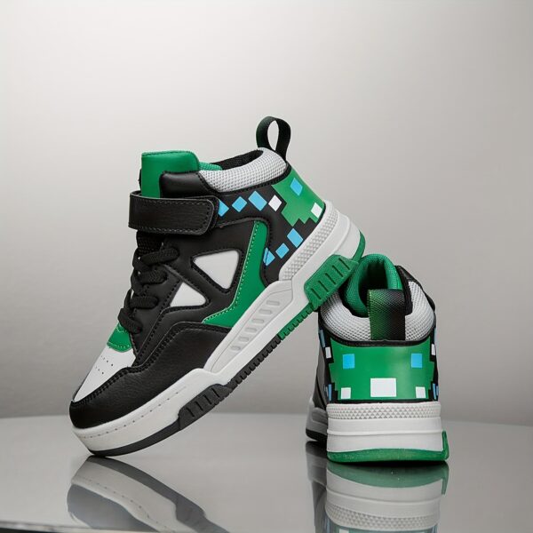 Stylish Retro Pixel Geometric Sneakers for kids by Newness. These sneakers feature a vibrant geometric pixel design.
