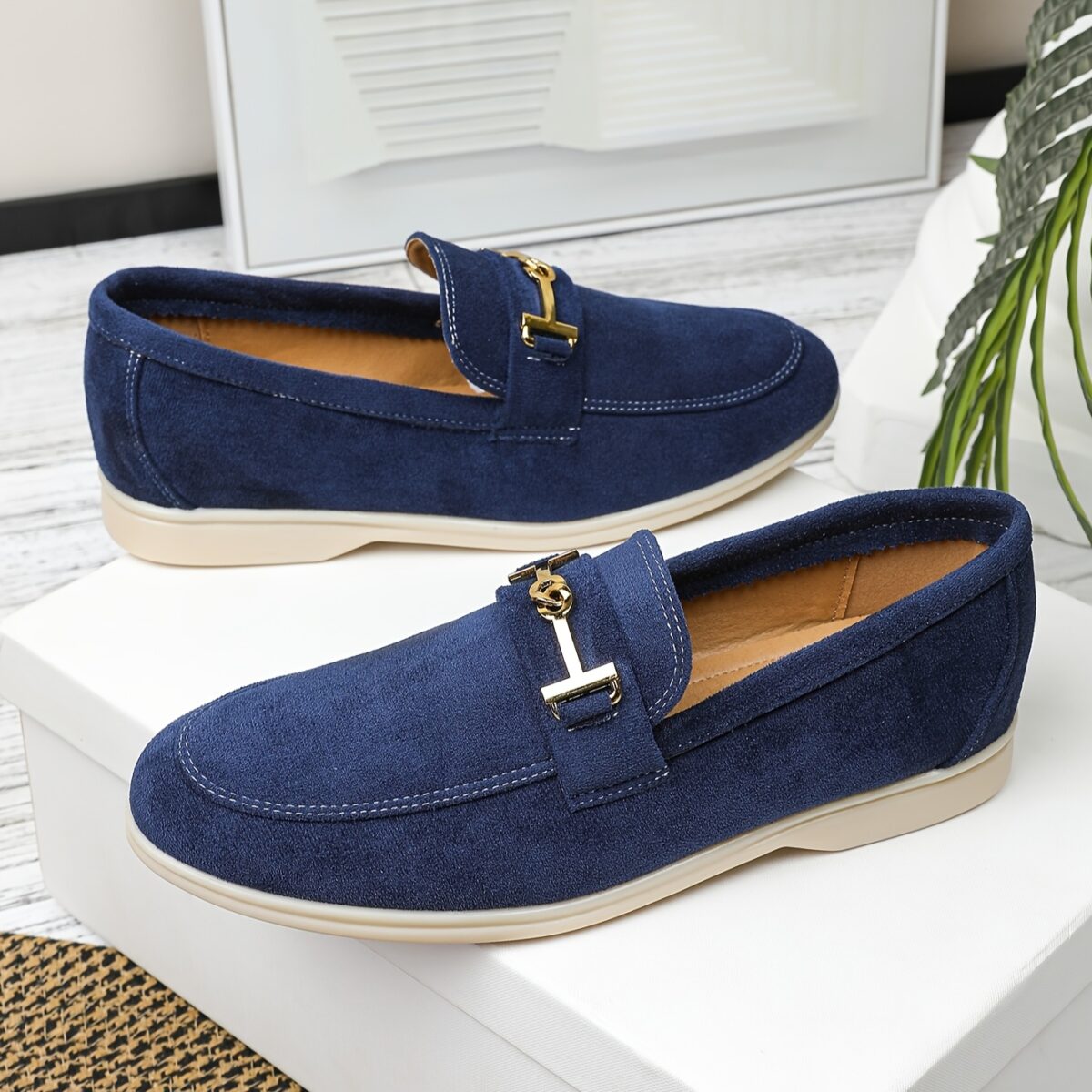 Newness Mens Fabric Loafers in navy blue showcasing breathable fabric and comfortable rubber sole perfect for any occasion