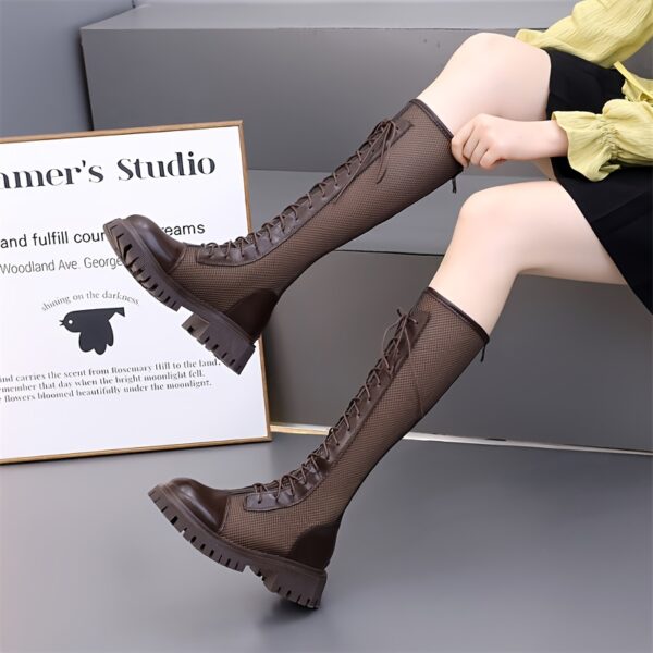 Newness Summer Solstice Mesh Knee-High Boots: Stylish mesh knee-high boots, perfect for summer. Showcasing the intricate mesh pattern and flattering silhouette.