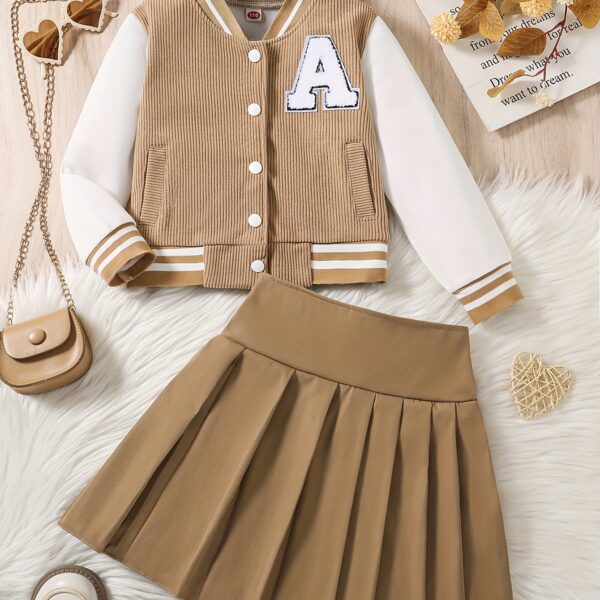 Adorable Pastel Dreams Preppy Skirt Set in soft pastel colors, perfect for spring or fall. The set includes a matching top and skirt, ideal for girls.