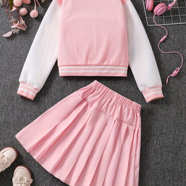 Adorable Pastel Dreams Preppy Skirt Set in soft pastel colors, perfect for spring or fall. The set includes a matching top and skirt, ideal for girls.