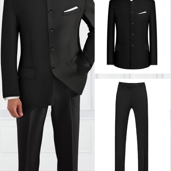 The Newness Shanghai Mandarin Collar Suit: A sophisticated, impeccably tailored suit in navy blue, featuring a mandarin collar and modern silhouette, ideal for the discerning gentleman.