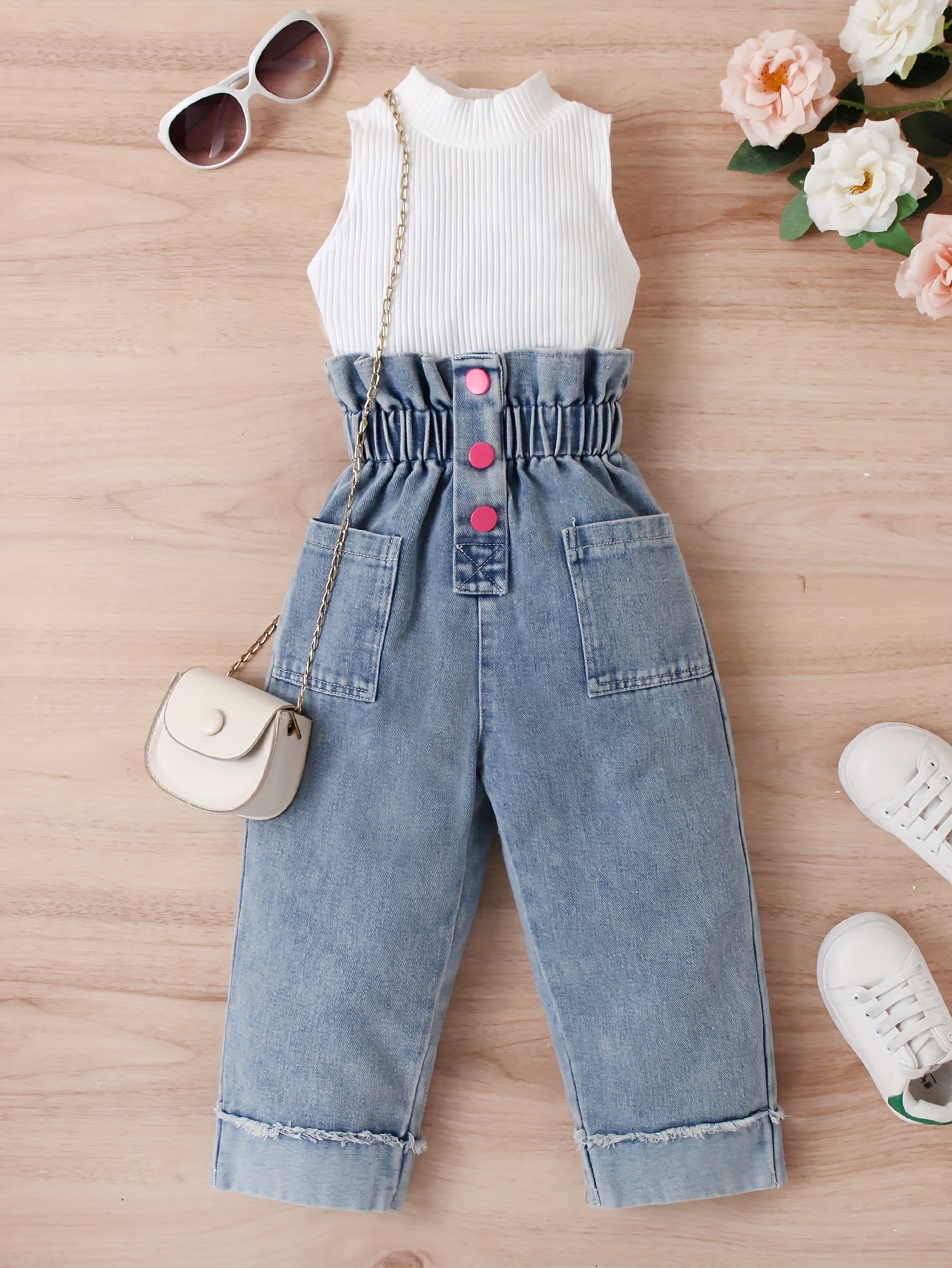Adorable girls denim set from Newness, perfect for spring, summer, or fall. Features a stylish design and comfortable fit.