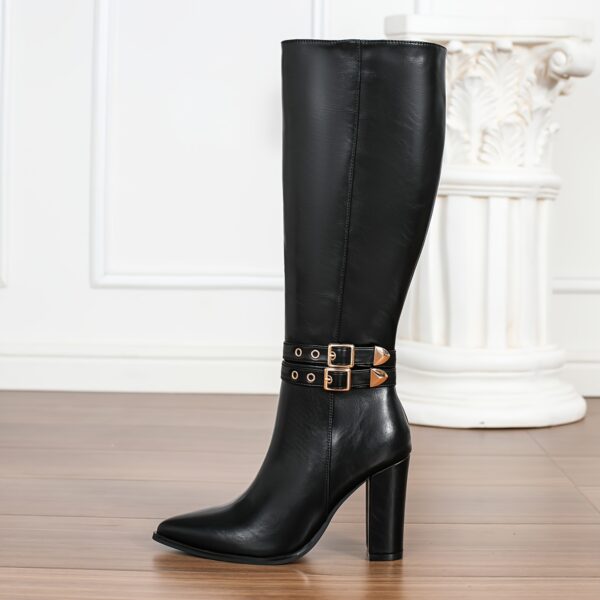 Newness Empower Pointed-Toe Knee-High Boots in brown leather. Stylish boots perfect for parties and everyday wear.