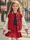 Lilac leopard heart varsity jacket and skirt set Stylish girls outfit featuring a lilac jacket with heart details and a leopard print skirt Perfect for fallwinter