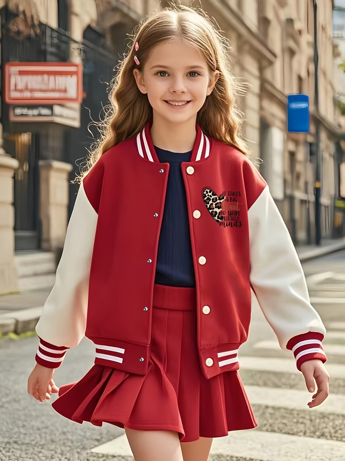 Lilac leopard heart varsity jacket and skirt set Stylish girls outfit featuring a lilac jacket with heart details and a leopard print skirt Perfect for fallwinter