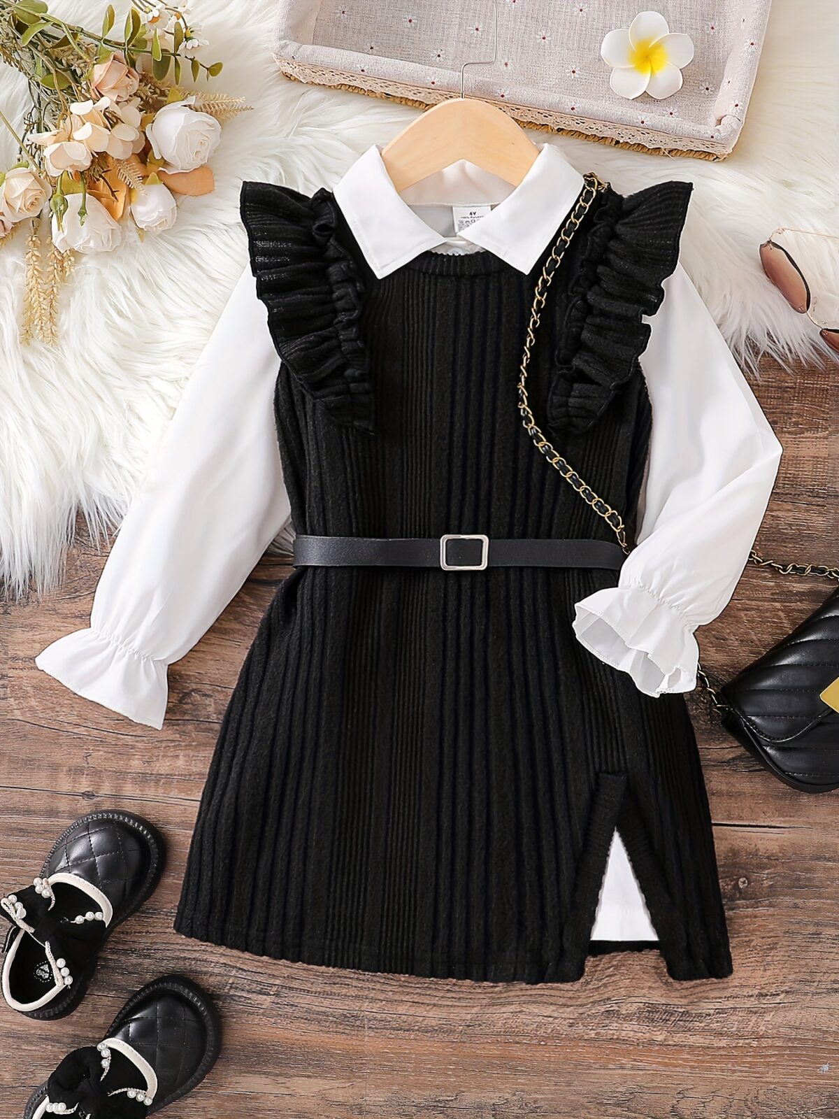 Adorable girls ruffle sleeve knit dress set perfect for spring or autumn The set features a stylish knit dress with elegant ruffle sleeves