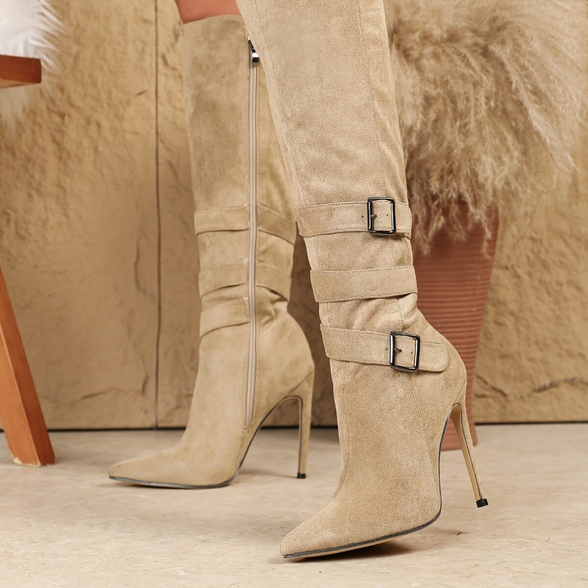 Dune Beige Stiletto Knee Boots from Newness Elegant knee high stiletto boots in a sophisticated beige shade