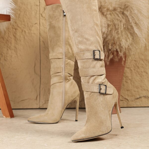 Dune Beige Stiletto Knee Boots from Newness Elegant knee high stiletto boots in a sophisticated beige shade