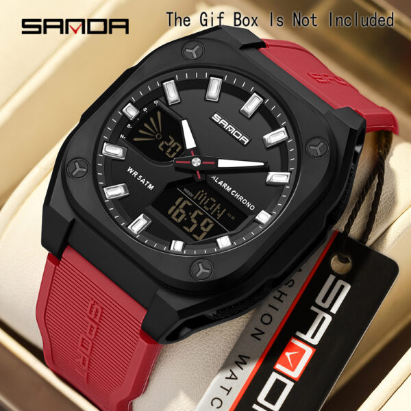 Showcase the SANDA Apex Men's Digital Sports Watch, highlighting its sleek design and durable build. A man is shown wearing the watch during an outdoor activity, emphasizing its suitability for an active lifestyle.