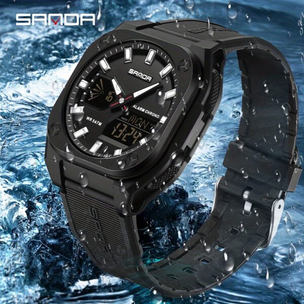 Showcase the SANDA Apex Men's Digital Sports Watch, highlighting its sleek design and durable build. A man is shown wearing the watch during an outdoor activity, emphasizing its suitability for an active lifestyle.