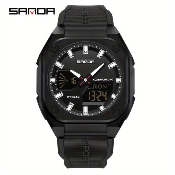 Showcase the SANDA Apex Men's Digital Sports Watch, highlighting its sleek design and durable build. A man is shown wearing the watch during an outdoor activity, emphasizing its suitability for an active lifestyle.