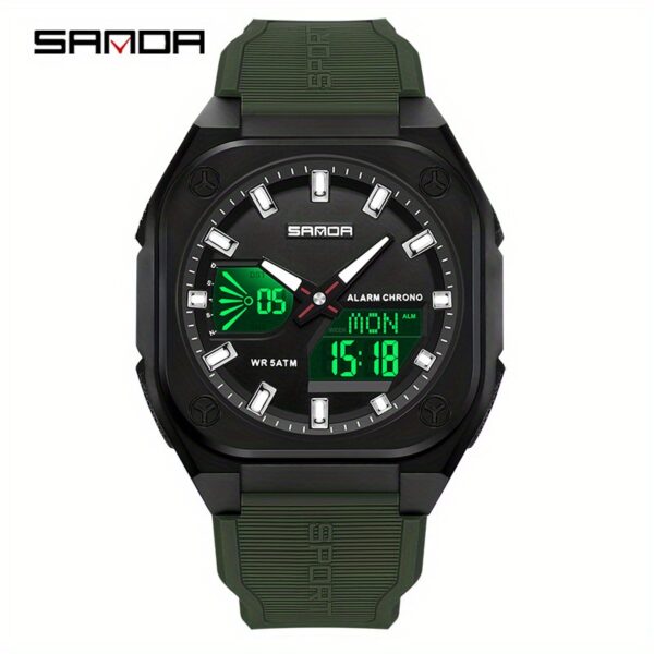 Showcase the SANDA Apex Men's Digital Sports Watch, highlighting its sleek design and durable build. A man is shown wearing the watch during an outdoor activity, emphasizing its suitability for an active lifestyle.