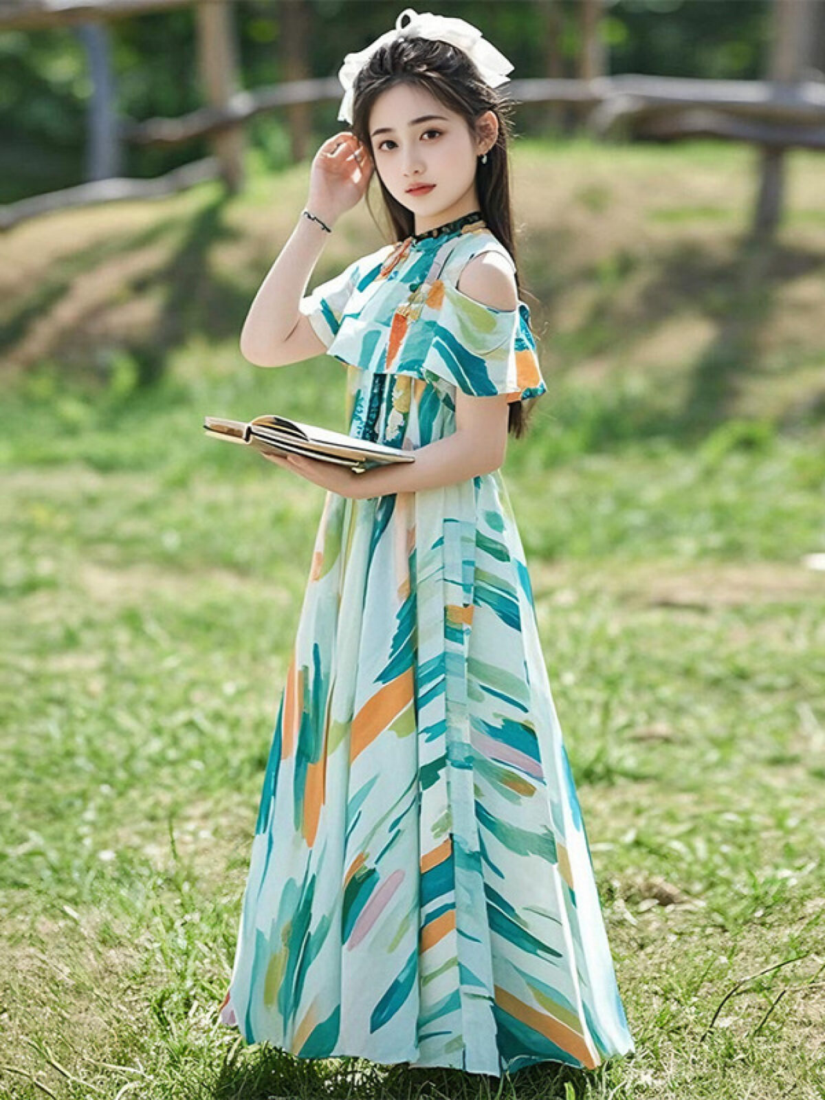 Adorable girl twirling in a flowy elegant chiffon dress perfect for summer The dress is in a beautiful summer garden setting