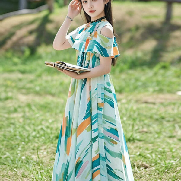 Adorable girl twirling in a flowy, elegant chiffon dress, perfect for summer. The dress is in a beautiful summer garden setting.