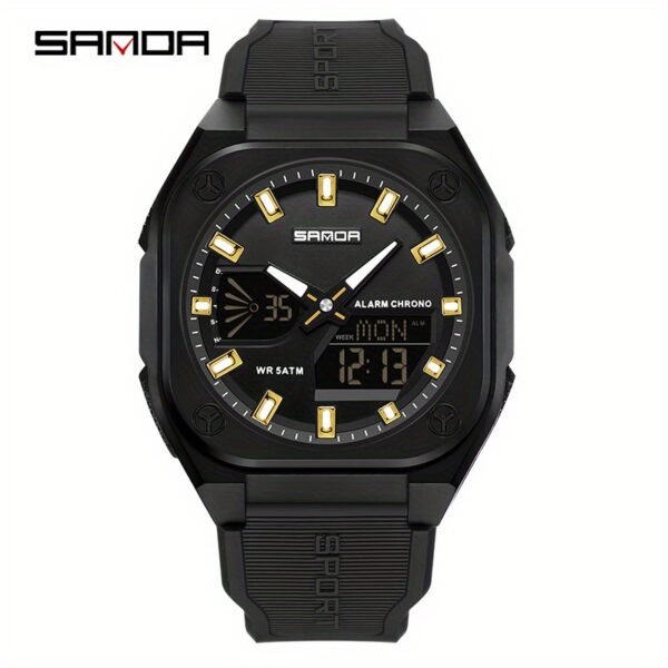 Showcase the SANDA Apex Men's Digital Sports Watch, highlighting its sleek design and durable build. A man is shown wearing the watch during an outdoor activity, emphasizing its suitability for an active lifestyle.