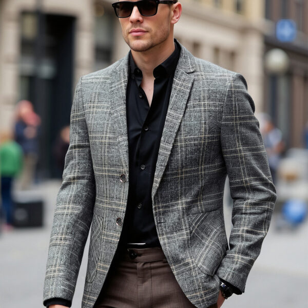 The Newness Metropolitan Checkered Blazer in spring style. A close-up showcases the premium fabric and refined, modern look.