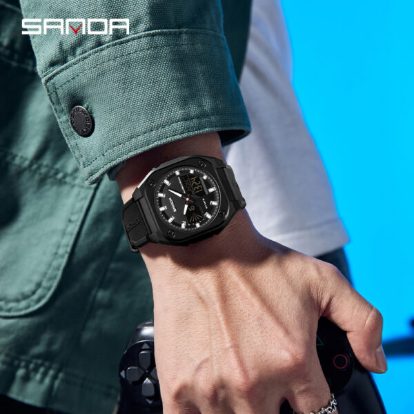 Showcase the SANDA Apex Men's Digital Sports Watch, highlighting its sleek design and durable build. A man is shown wearing the watch during an outdoor activity, emphasizing its suitability for an active lifestyle.
