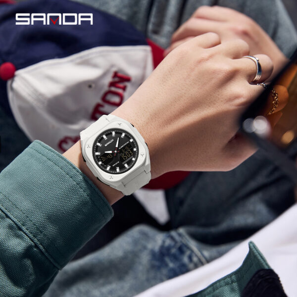 Showcase the SANDA Apex Men's Digital Sports Watch, highlighting its sleek design and durable build. A man is shown wearing the watch during an outdoor activity, emphasizing its suitability for an active lifestyle.