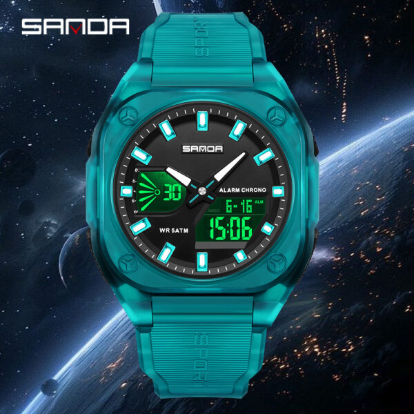Showcase the SANDA Apex Men's Digital Sports Watch, highlighting its sleek design and durable build. A man is shown wearing the watch during an outdoor activity, emphasizing its suitability for an active lifestyle.