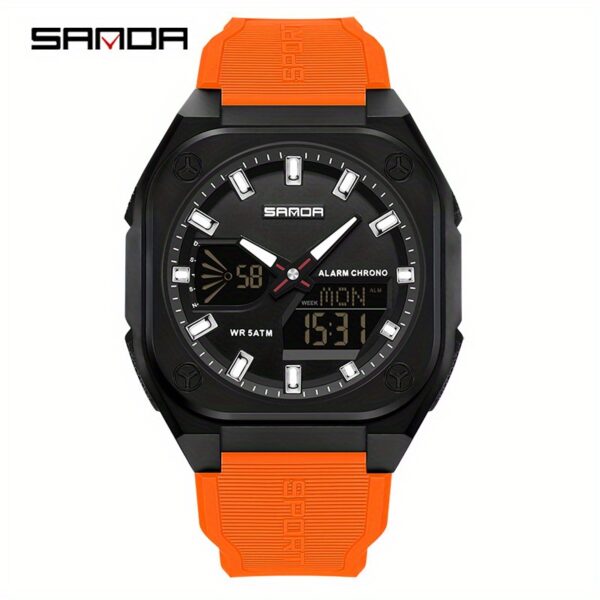 Showcase the SANDA Apex Men's Digital Sports Watch, highlighting its sleek design and durable build. A man is shown wearing the watch during an outdoor activity, emphasizing its suitability for an active lifestyle.