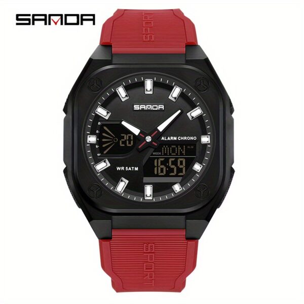 Showcase the SANDA Apex Men's Digital Sports Watch, highlighting its sleek design and durable build. A man is shown wearing the watch during an outdoor activity, emphasizing its suitability for an active lifestyle.