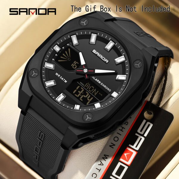 Showcase the SANDA Apex Men's Digital Sports Watch, highlighting its sleek design and durable build. A man is shown wearing the watch during an outdoor activity, emphasizing its suitability for an active lifestyle.