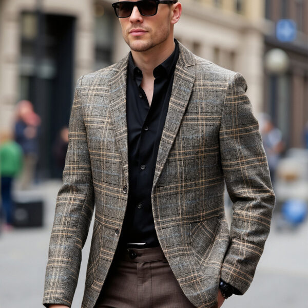 The Newness Metropolitan Checkered Blazer in spring style. A close-up showcases the premium fabric and refined, modern look.