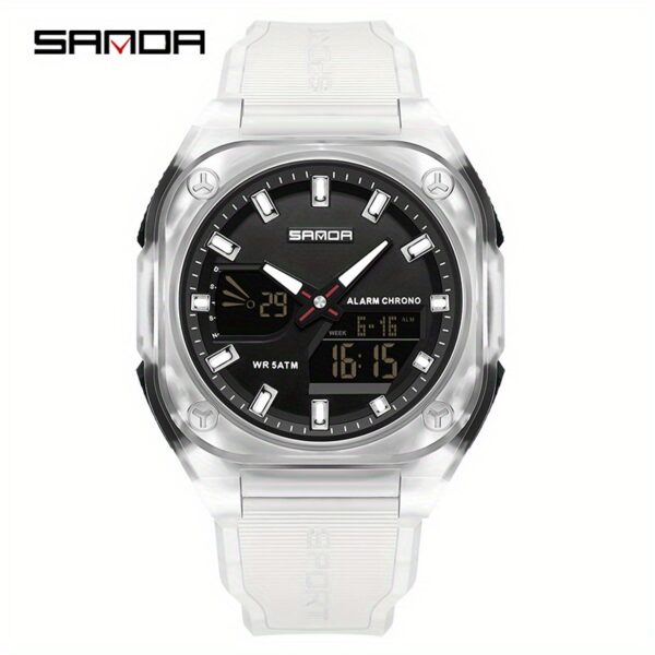 Showcase the SANDA Apex Men's Digital Sports Watch, highlighting its sleek design and durable build. A man is shown wearing the watch during an outdoor activity, emphasizing its suitability for an active lifestyle.