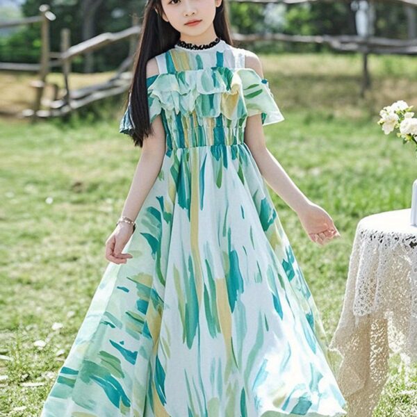 Adorable girl twirling in a flowy, elegant chiffon dress, perfect for summer. The dress is in a beautiful summer garden setting.
